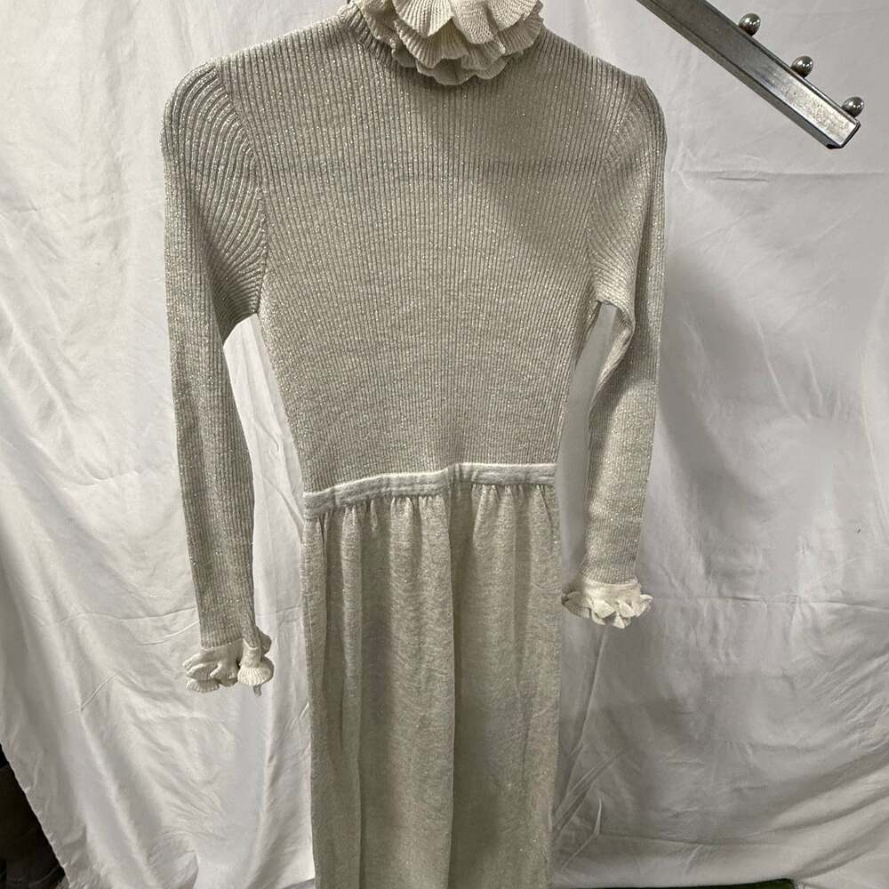 Roncelli 1970's Silver Lurex Knit Maxi Dress With Ruffle Collar / SM –